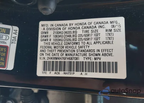 2015 Honda Cr-V Ex-L z USA, uszkodzony, nr VIN 2HKRM4H76FH687081